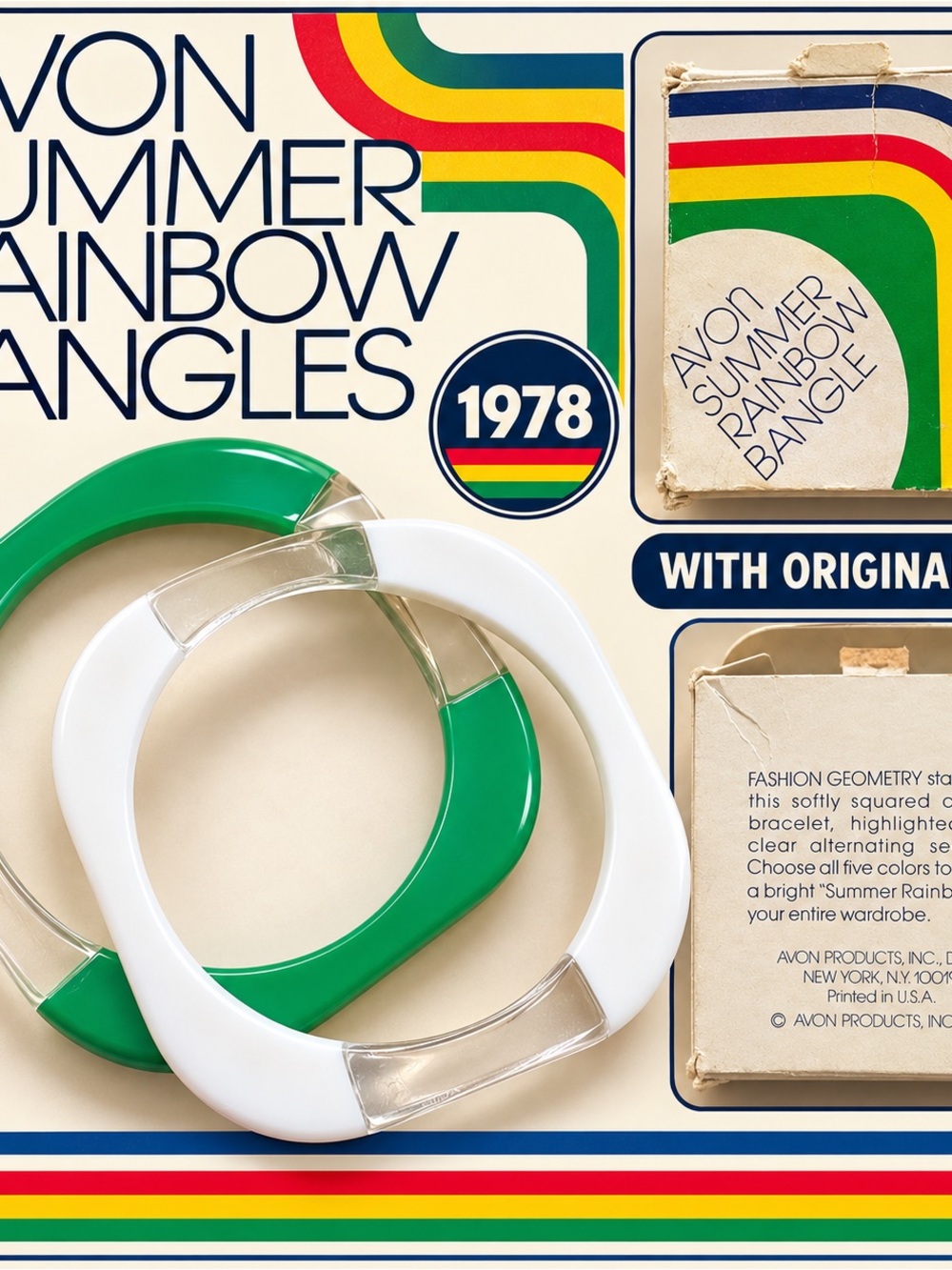 Vintage Avon Summer Rainbow Bangles - Green & White Set
